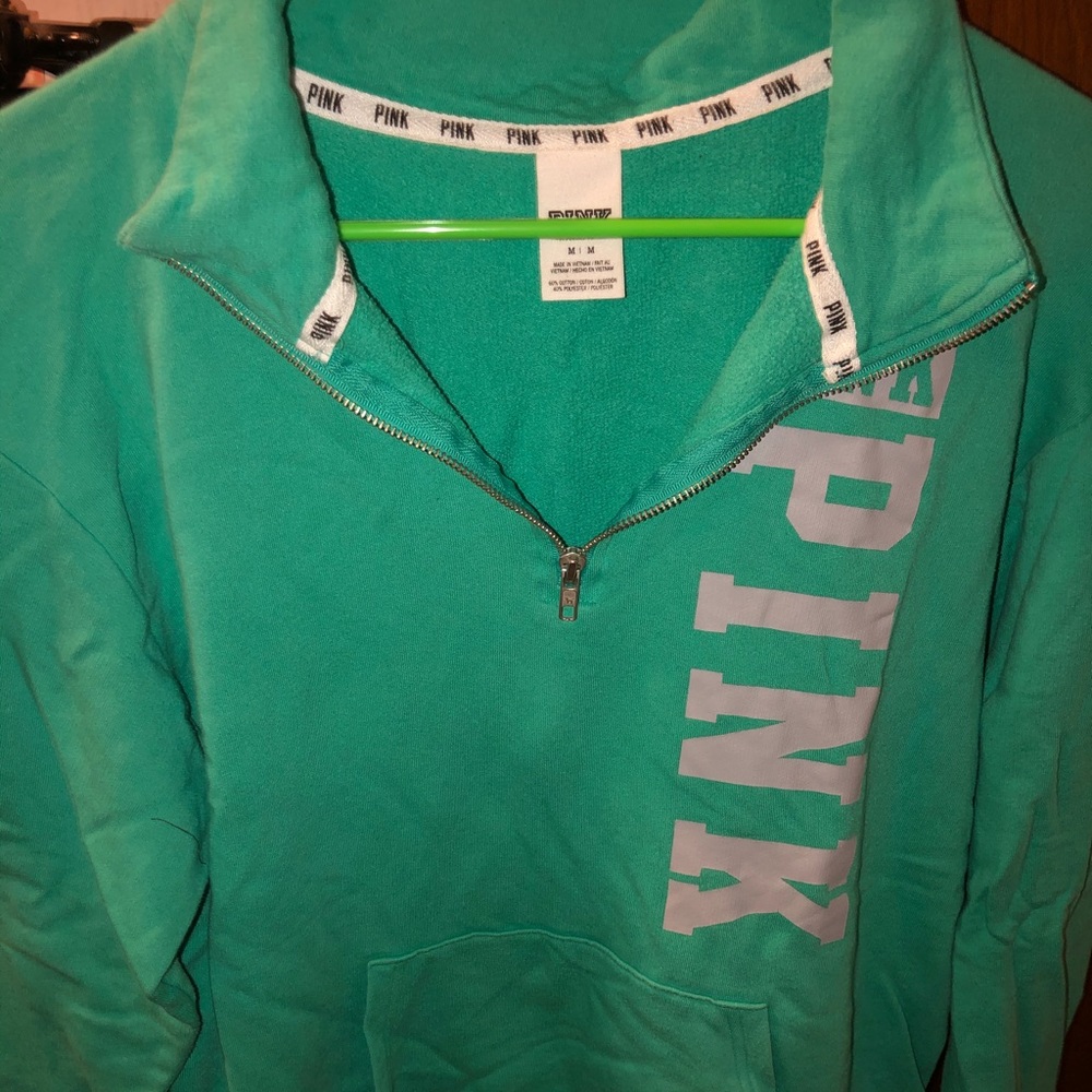 Pink brand quarter zip, teal color